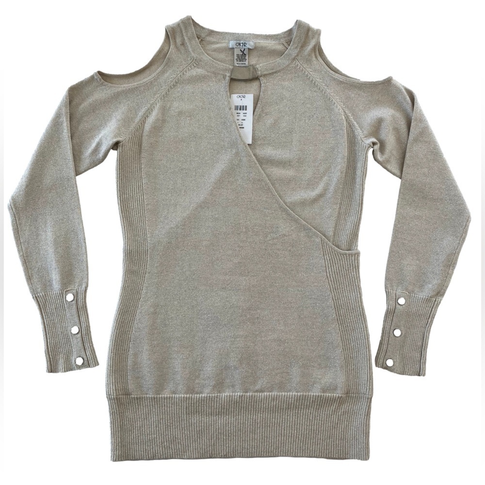Cache Metallic Size L Cold Shoulder Keyhole Long Sleeve SweaterNWT